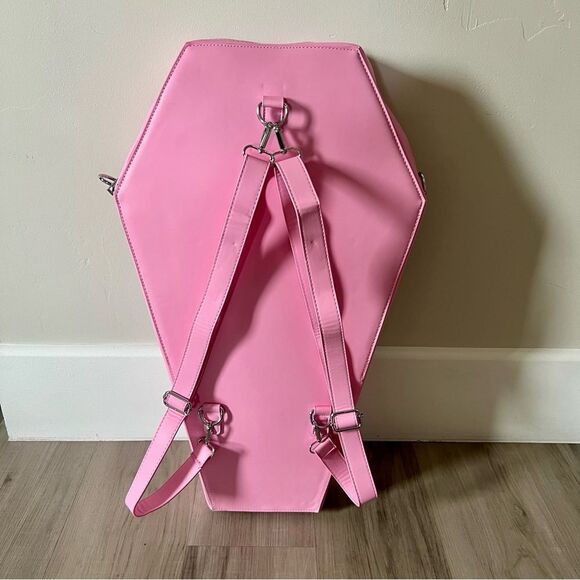 Dolls Kill oversize pink and black skull spiderweb coffin backpack. New in box - Picture 6 of 15